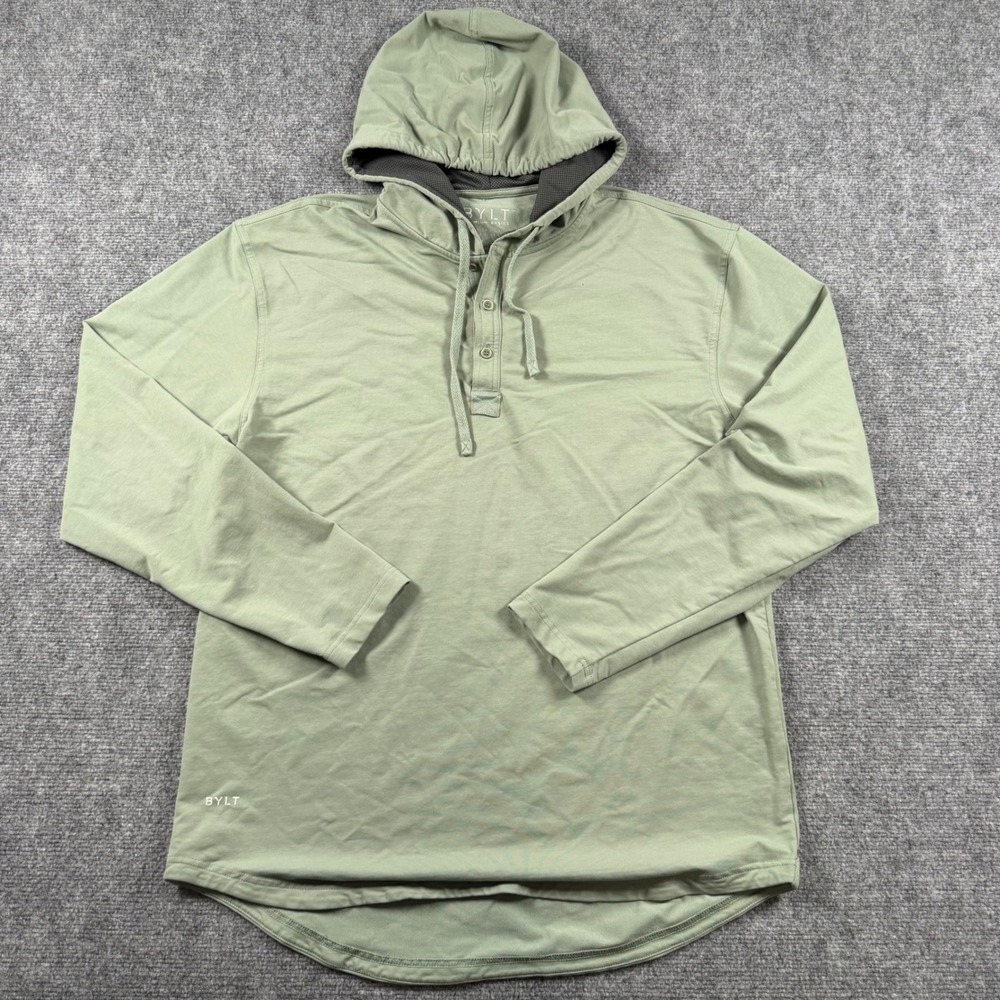 BYLT Drop Cut Hooded Henley Mens XL Green Lux Long Sleeve Pullover Hoodie